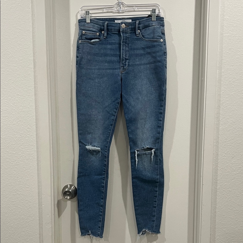 Good American X Zara Dark Blue Ripped Classic Slim Skinny Jeans